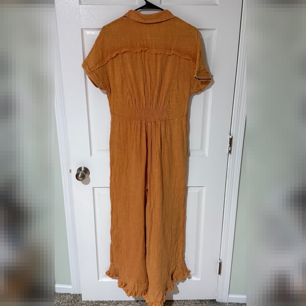 Umgee Womens Mustard Orange Gauze Ruffle Hem Button Front Jumpsuit Small NWT - Picture 4 of 4